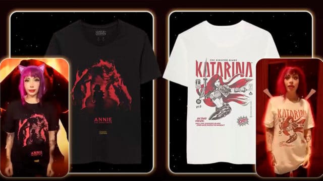 A foto apresenta duas camisetas e seus respectivos filtros da coleção da Renner com League Of Legends.