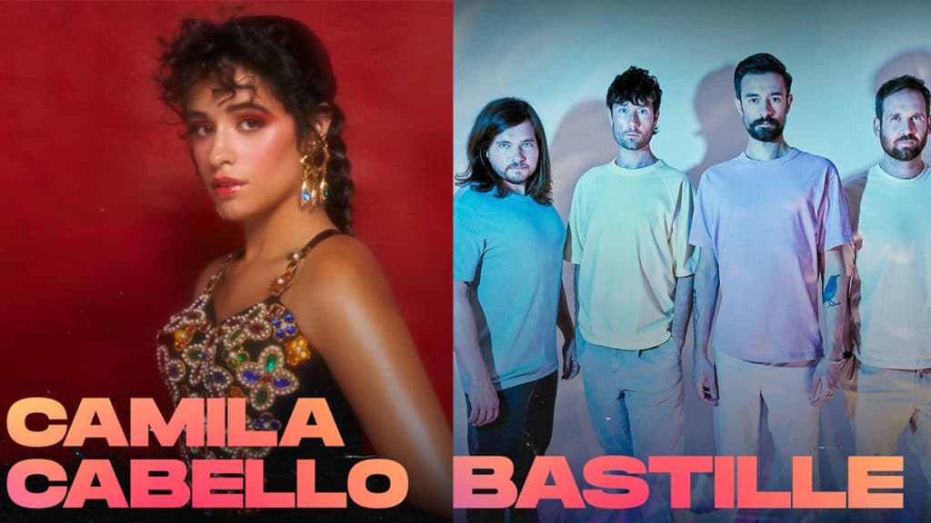 A foto apresenta os anúncios de Camila Cabello e Bastille no Rock in Rio 2022.