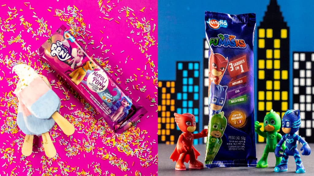 A foto apresenta os sorvetes de My Little Pony e PJ Masks da Jundiá.