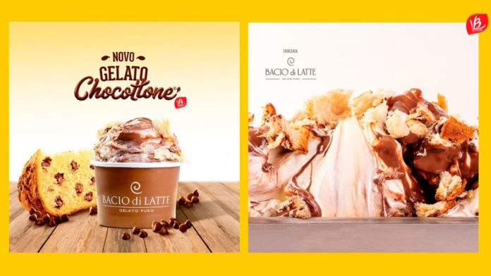 A foto apresenta o gelato de Chocottone Bauducco da Bacio di Latte.