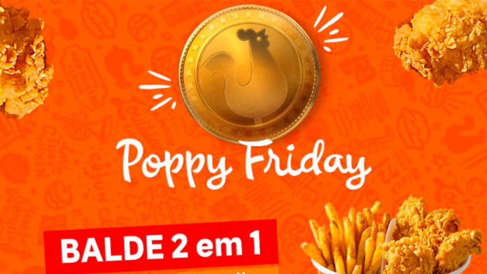 A foto apresenta o logo da campanha da Black Friday do Popeyes, com frangos e batata em volta e uma frase escrito balde 2 em 1.