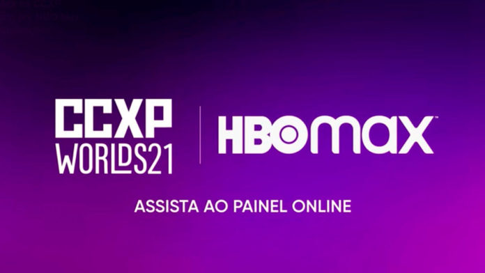 A foto apresenta os logos da CCXP Worlds 2021 e da HBO Max em um fundo degradê roxo e junto com a frase: assista ao painel online.