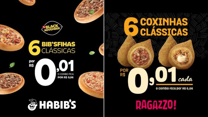A foto apresenta a promoção de Black Friday do Habib's e Ragazzo com várias esfihas e coxinhas espalhas por um fundo preto e com o anúncio da oferta entre as comidas.