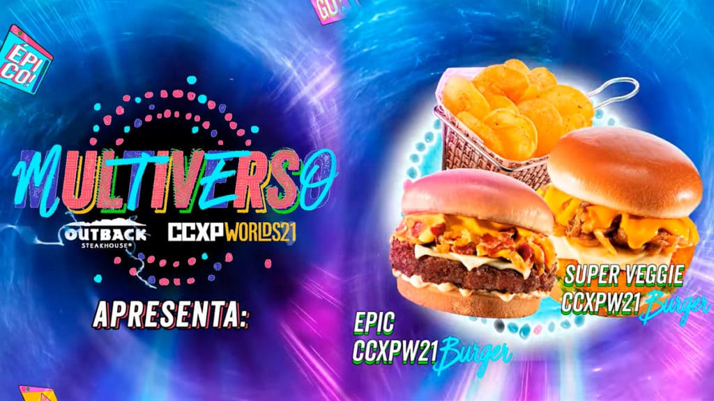 A foto apresenta o novo hambúguer do Outback com a CCXP Worlds, ao lado do logo da parceria e das marcas.