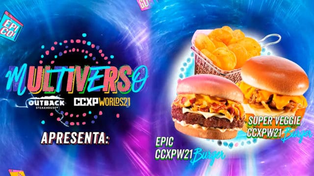 A foto apresenta o novo hambúguer do Outback com a CCXP Worlds, ao lado do logo da parceria e das marcas.