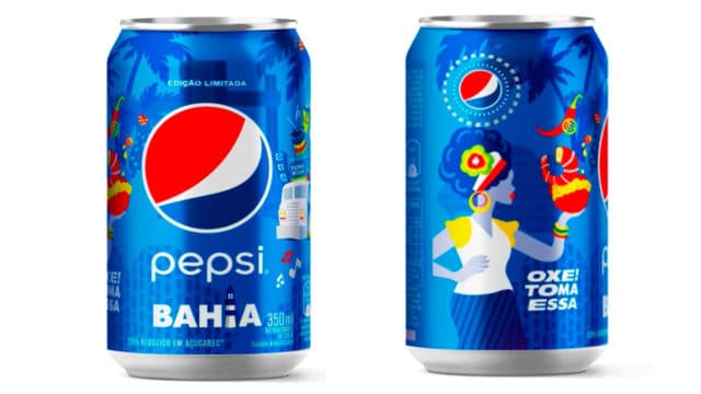 A foto apresenta a frente e a lateral da lata comemorativa de Pepsi em homenagem à Bahia.