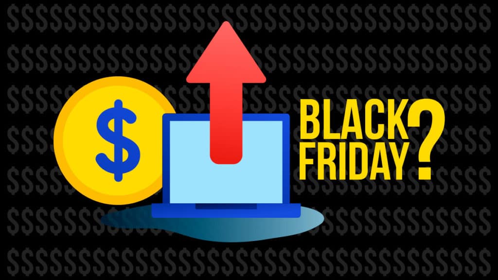 produtos-valores-black-friday A foto apresenta um notebook entre uma moeda com cifrão e o nome Black Friday com um ponto de interrogação e uma seta saindo da tela do notebook para indicar os valores dos produtos subindo.