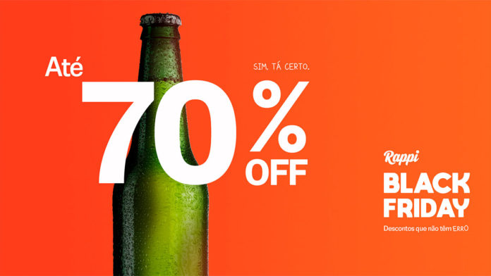 A foto apresenta uma garrafa verde atrás de uma porcentagem de 70% e ao lado do logo do Black Friday do Rappi.