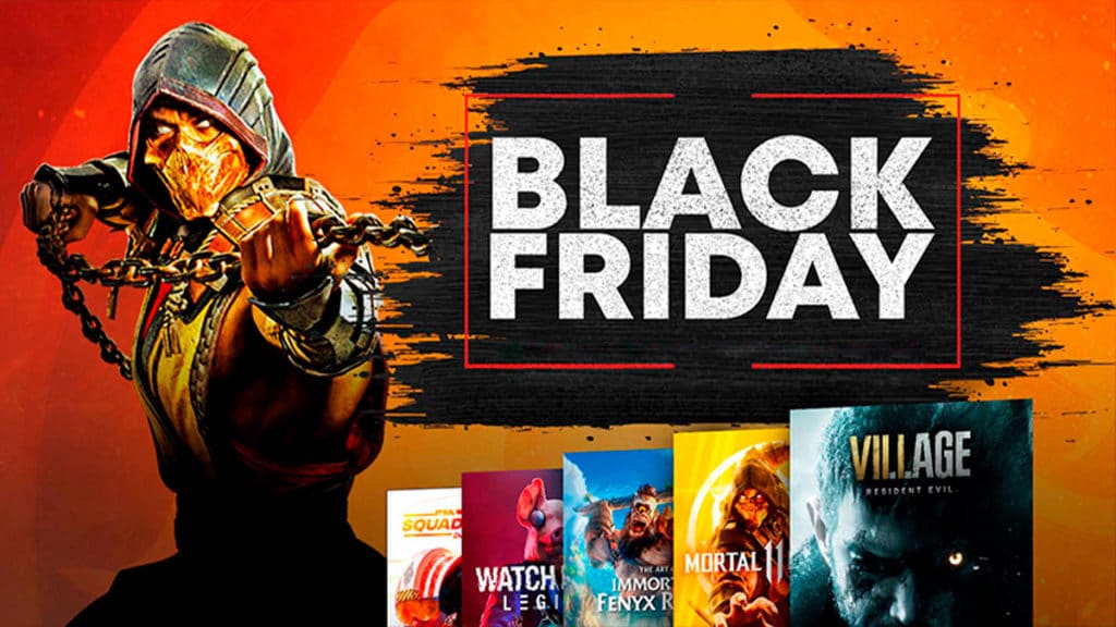 A foto apresenta alguns jogos da Black Friday da Warner Bros Games ao lado de um persongaem de Mortal Kombat e do nome Black Friday.