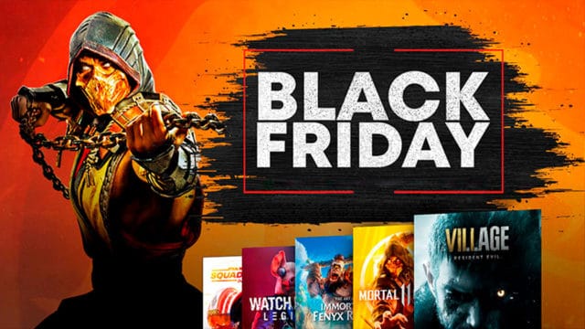 A foto apresenta alguns jogos da Black Friday da Warner Bros Games ao lado de um persongaem de Mortal Kombat e do nome Black Friday.