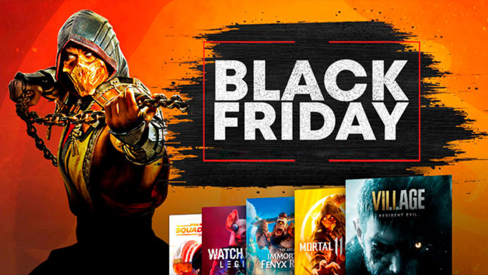 A foto apresenta alguns jogos da Black Friday da Warner Bros Games ao lado de um persongaem de Mortal Kombat e do nome Black Friday.