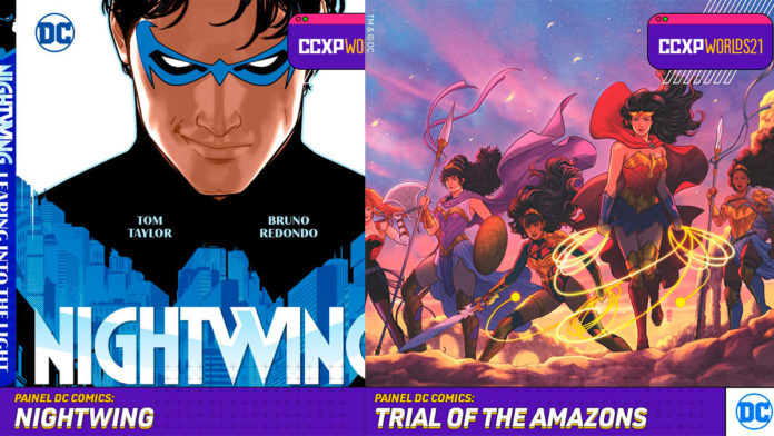 A foto apreesenta as fotos dos dois paineis da DC Comics na CCXP Worlds.
