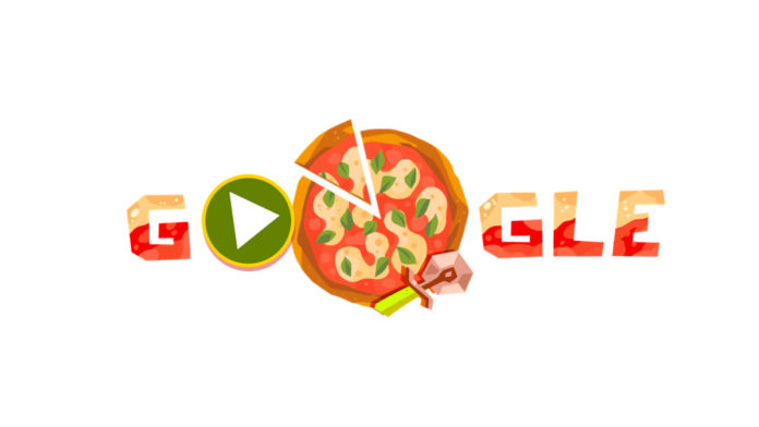 A foto apresenta o novo Doodle do Google, que traz uma homenagem à pizza.
