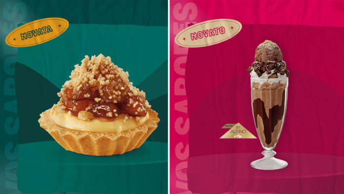 A foto apresenta as duas novas sobremesas do Ragazzo, Torta de Maçã com Crumble e a Bola Shake de Chocolate feito com Alpino.