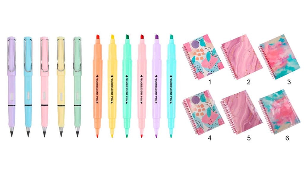 A foto apresenta alguns dos produtos de papelaria do Aliexpress.