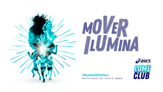 A foto apresenta o logo do projeto ASICS Lume Club, ao lado da frase "mover ilumina".