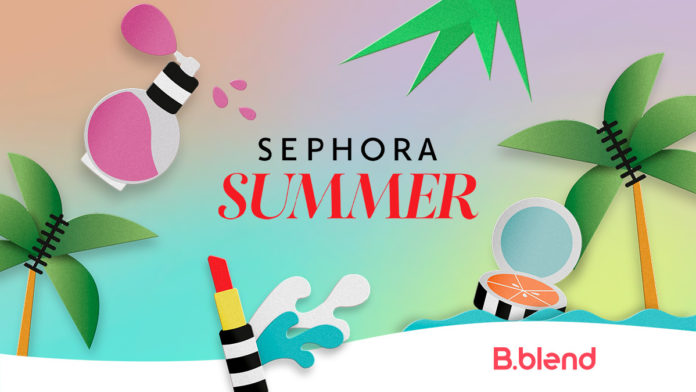 A foto apresenta o logo do evento Arena Sephora Summer e da B.blend junto com uma paisagem de praia e várias makes espalhadas pela imagem.