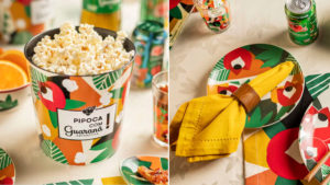 A foto apresenta o balde de pipoca e um prato da nova coleção da Camicado com Guaraná Antarctica.