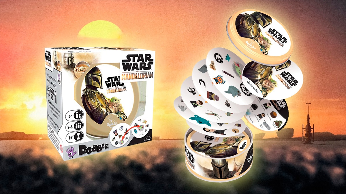 A foto apresenta o novo Dobble temático de Star Wars: The Mandalorian da Galápagos.