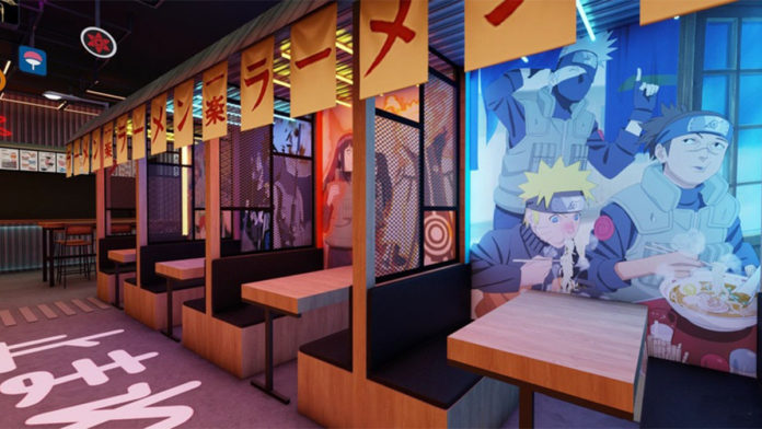A foto mostra o salão do Koton, o novo restaurante temático de animes da Piticas. A imagem apresenta uma parte do salão, que é decorada com fotos e elementos de Naruto.