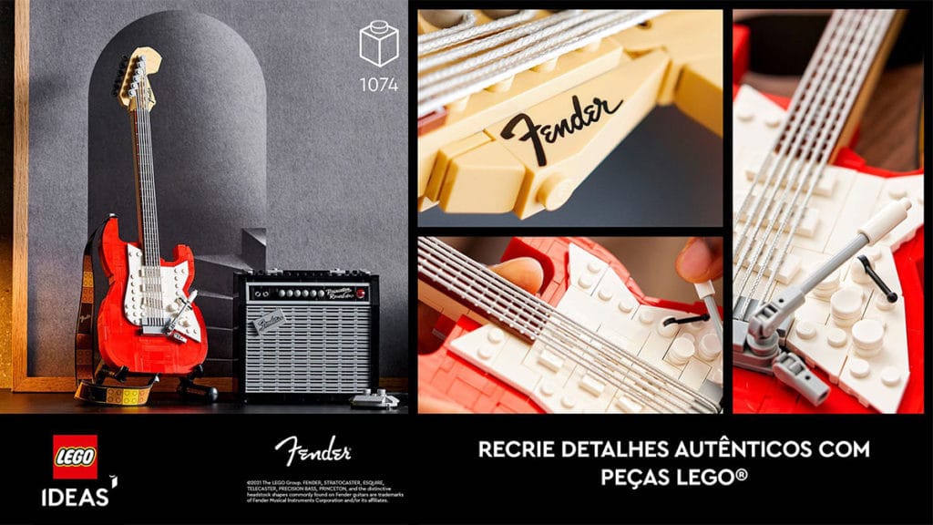 lego-guitarra-amplicador-fender A foto apresenta a nova Lego de guitarra e amplicador da Fender.