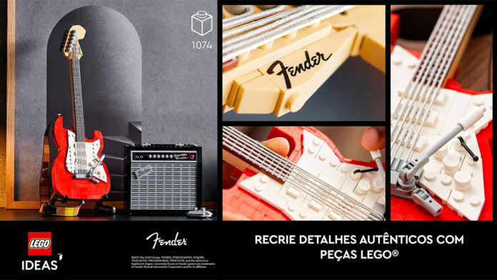 A foto apresenta a nova Lego de guitarra e amplicador da Fender.