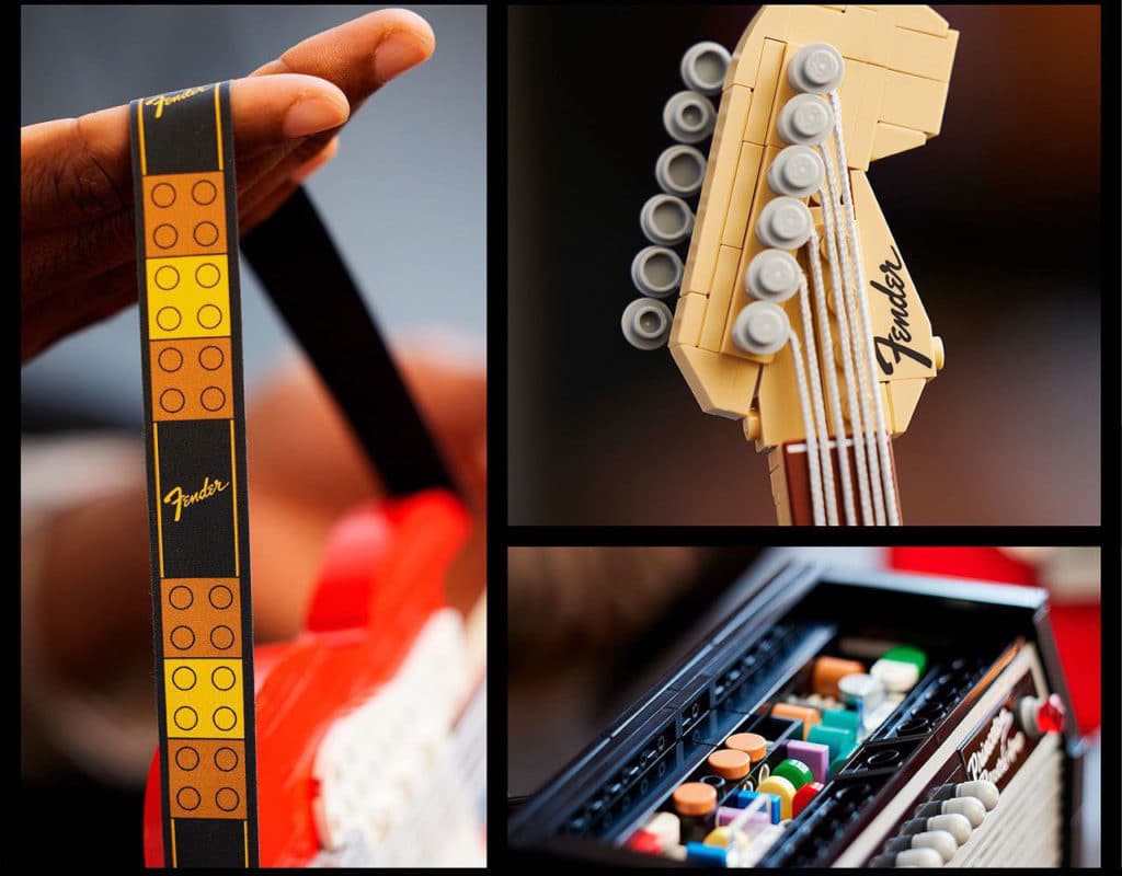 Detalhes da guitarra e amplicador da Fender de Lego.