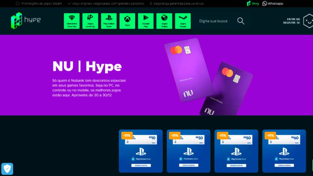 nubank-shopping-novas-marcas A foto apresenta o site da Hype Games com descontos, uma das novas marcas da Nubank Shopping.
