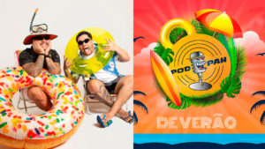 A foto apresenta Igão e Mítico com boias de praia ao lado do logo do Podpah de Verão, o primeiro videocast do Spofity no Brasil.