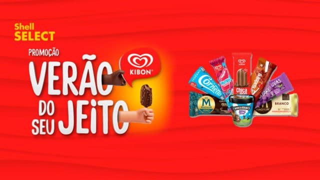 A foto apresenta o nome do sorteio "Verão do Seu Jeito" com o logo da Shell Select e da Kibon ao lado de vários sorvetes da marca.
