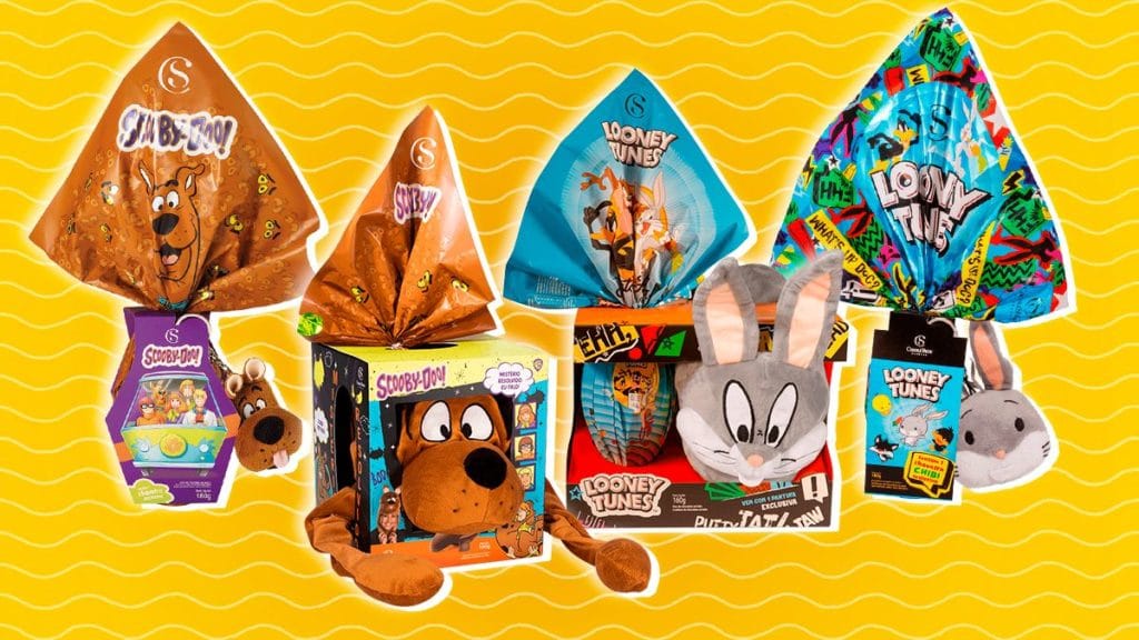 A foto apresenta os novos ovos de Páscoa da Cacau Show, do Looney Tunes e Scooby-Doo.