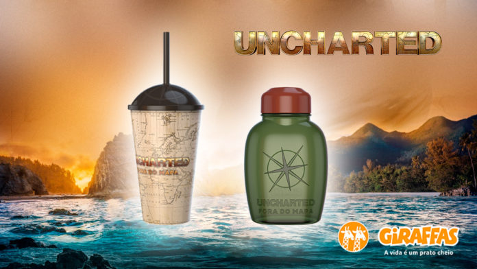 A foto apresenta os novos brindes de Giraffas de Uncharted.