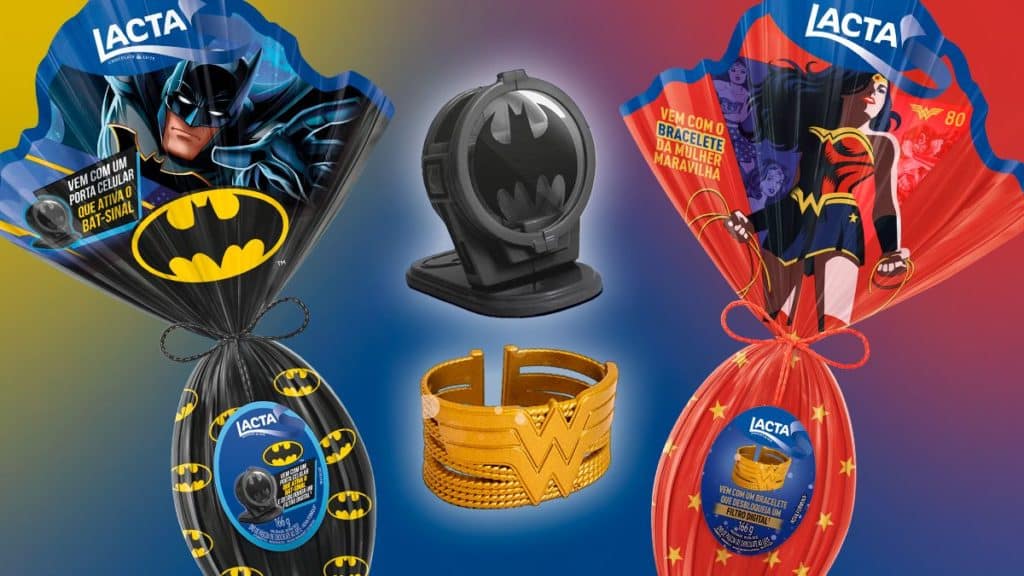 lacta-pascoa-batman-mulher-maravilha A foto apresenta os novos Ovos de Páscoa da Lacta, do Batman e da Mulher-Maravilha.
