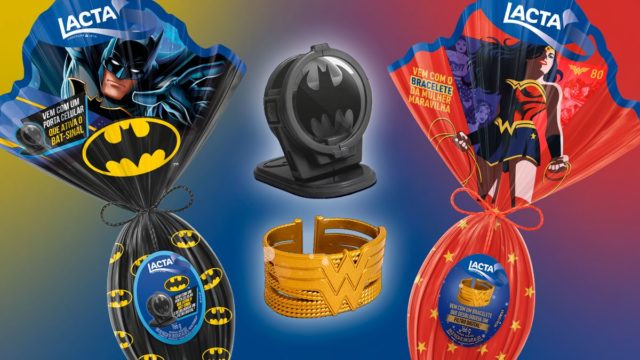 A foto apresenta os novos Ovos de Páscoa da Lacta, do Batman e da Mulher-Maravilha.
