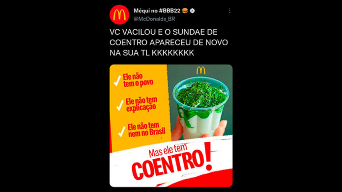 A foto apresenta o tweet do McDonald's brincando sobre o lançamento do sundae de coentro.