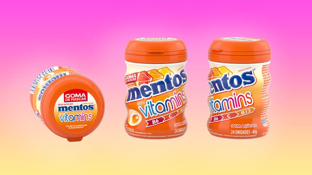 A foto apresenta o novo Mentos Vitamins.