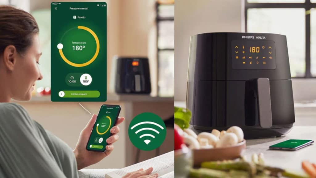 A foto apresenta a nova AirFryer Conectada Philips Walita.