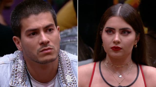 A foto apresenta Arthur Aguiar e Jade Picon durante o paredão do BBB 22.