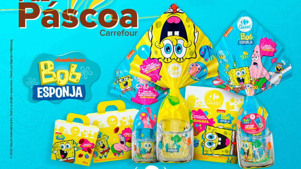 A foto apresenta os ovos de Páscoa do Bob Esponja do Carrefour.