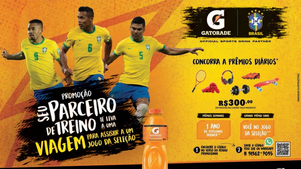 A foto apresenta a promoção de Gatorade, que irá levar um consumidor para um jogo amistoso da Seleção Brasileira.
