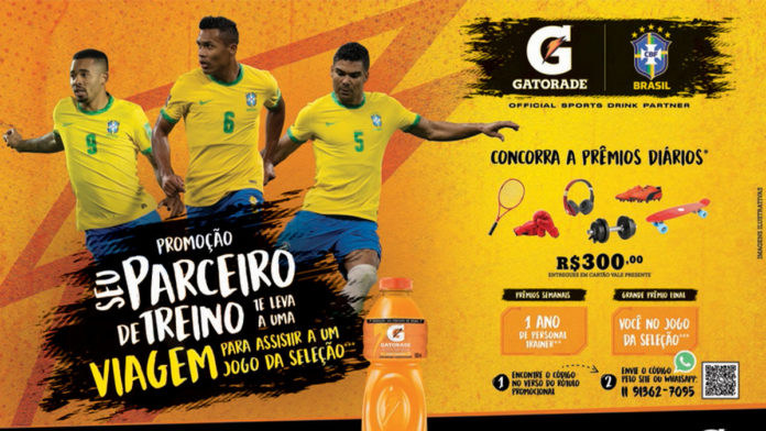 A foto apresenta a promoção de Gatorade, que irá levar um consumidor para um jogo amistoso da Seleção Brasileira.
