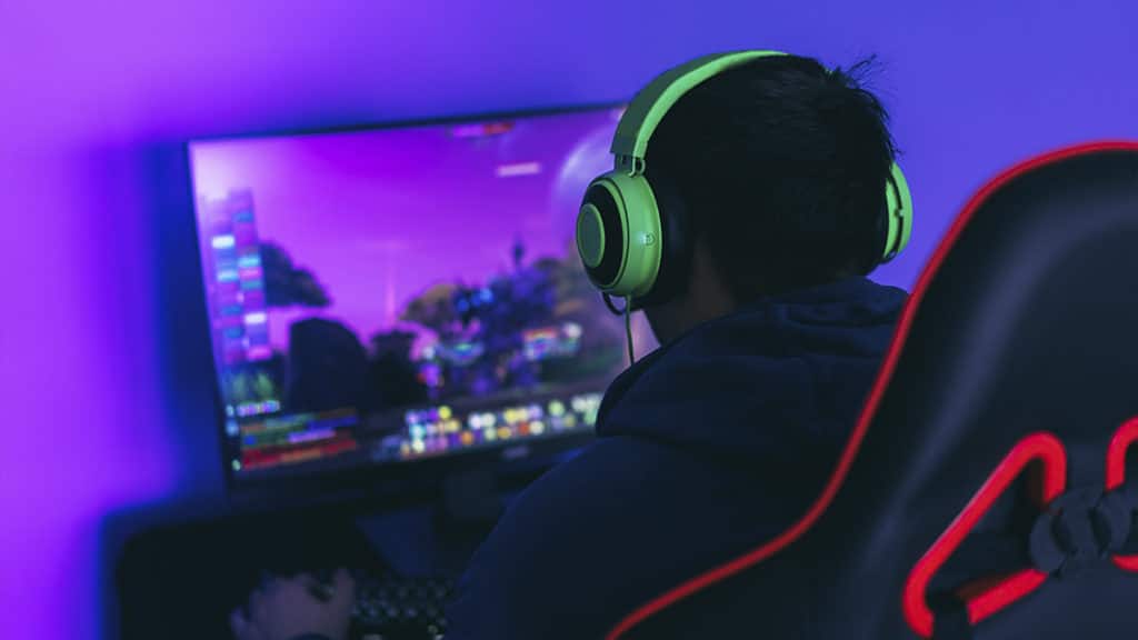 Um menino jovem de costas jogando videogame no computador