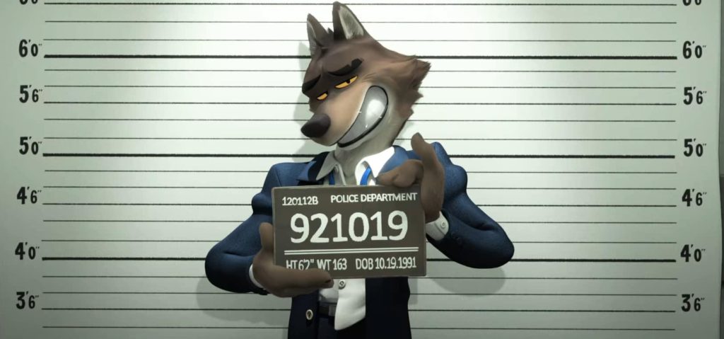 Captura de tela do trailer de "Os Caras Malvados" com o Sr Lobo posando para foto da delegacia. Filme será exibido em sessões adaptadas no Cinépolis para pessoas com TEA.