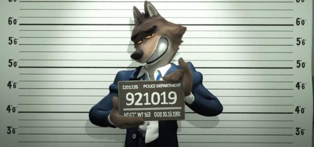 Captura de tela do trailer de "Os Caras Malvados" com o Sr Lobo posando para foto da delegacia. Filme será exibido em sessões adaptadas no Cinépolis para pessoas com TEA.