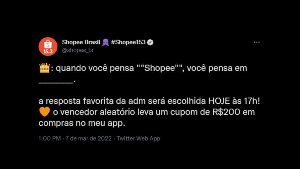 Shopee oferece cupom de R$ 200 para resposta mais criativa no Twitter