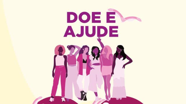 A foto apresenta o banner da arrecadação de absorventes da Livraria da Vila.