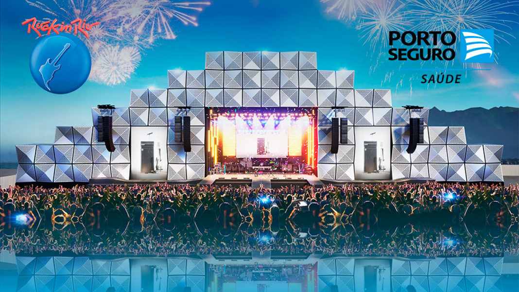 A foto apresenta o Palco Mundo com os logos do Rock in Rio e da Porto Seguro Saúde.