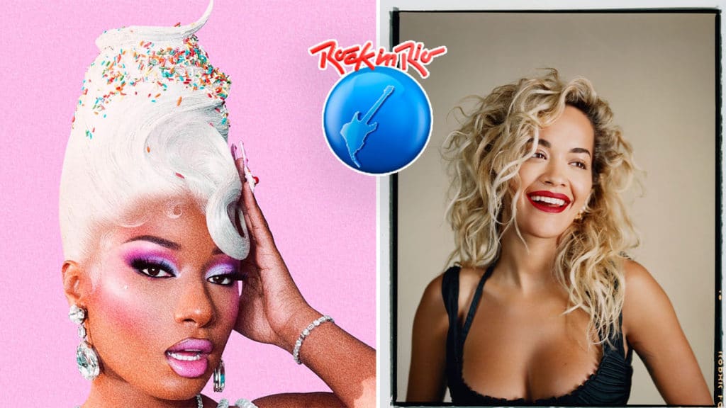 rock-in-rio-dia-delas A foto apresenta a Megan Thee Stallion e Rita Ora, cantora do Dia Delas no Rock in Rio.