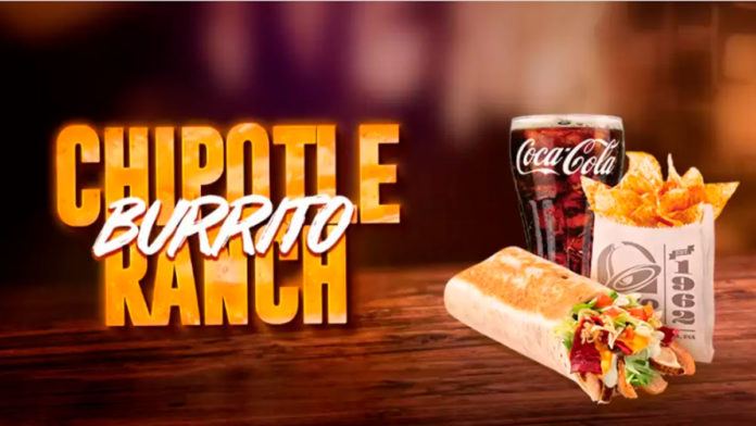 A foto apresenta o novo Chipotle Ranch Burrito da Taco Bell.