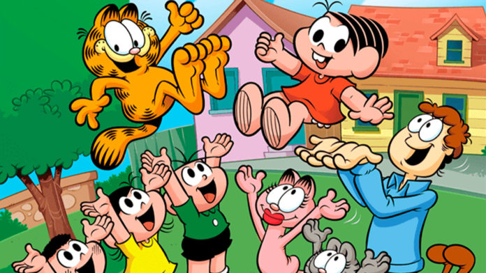 A foto apresenta a HQ de Turma da Mônica com Garfield.